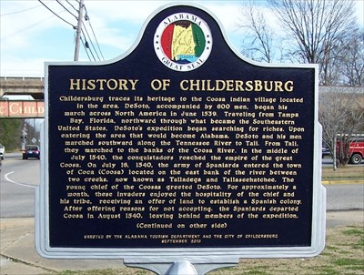 Sign telling the history of Childersburg Alabama
